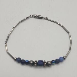 Sodalite Style Bead Bracelet Silver Tone Tube Link Geometric Cube Minimalist 7in